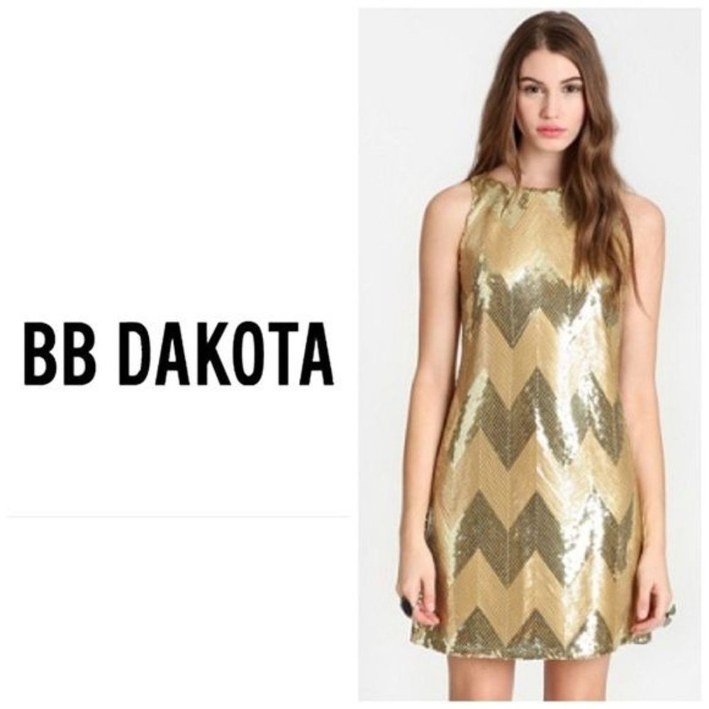 BB Dakota Women Shift Dress Chevron Sequin Mini Sleeveless Malia Gold Size Small